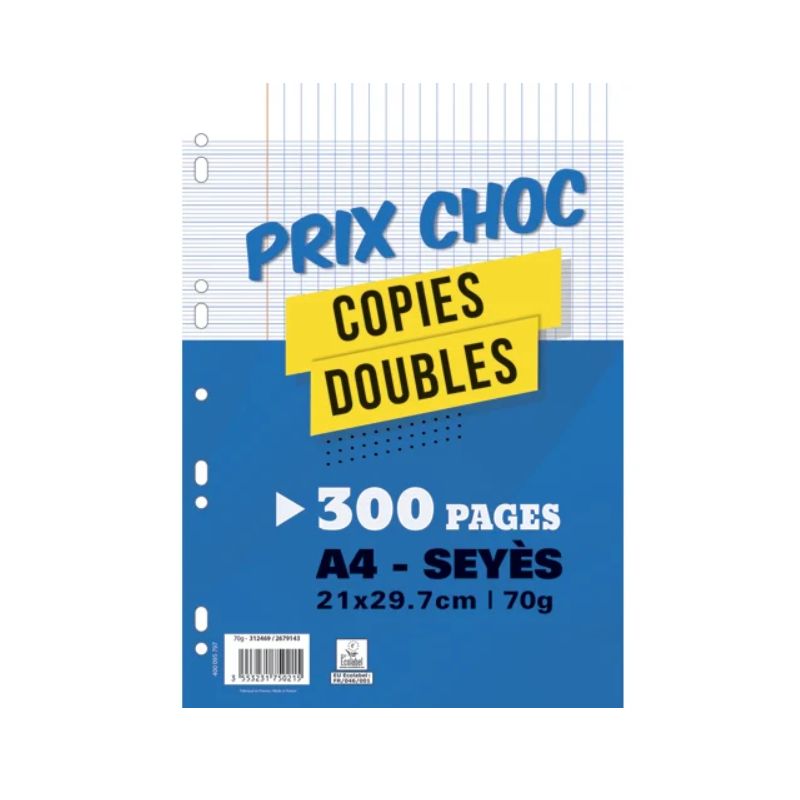 Sachet de 100 copies doubles (400 pages) format A4 séyès 70g blanc