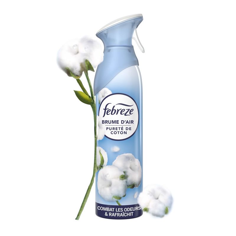 FEBREZE Aérosol 185 ml Pureté de coton. Formule compactée, à base d'eau. Détruit les odeurs, même tenaces